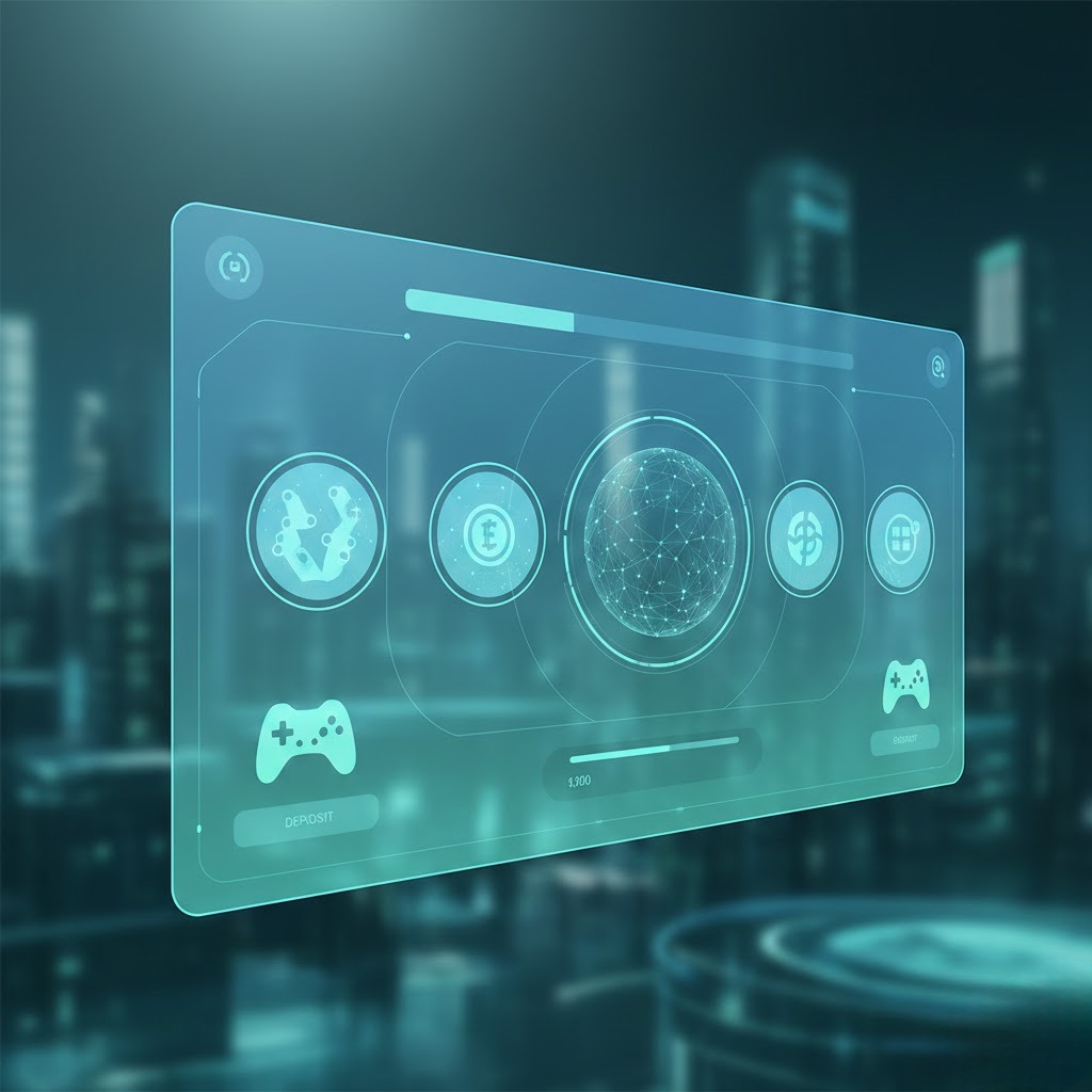 Ilustrasi digital dasbor platform game online yang futuristik dan aman, menampilkan antarmuka transparan dengan ikon melingkar dan elemen gaming. Latar belakang menunjukkan pemandangan kota malam hari yang kabur dengan palet warna biru teal dan hijau neon yang memberikan kesan profesional dan terpercaya.